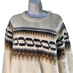 Vintage 80s Sweater Mens Size L Ivory Brown Winter Ski Thick Wool Fair Isle